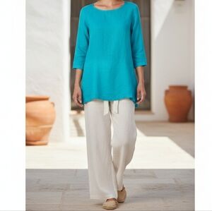 Cut Loose Linen Tunic Size Medium Blue Relaxed Fit 3/4 Sleeve